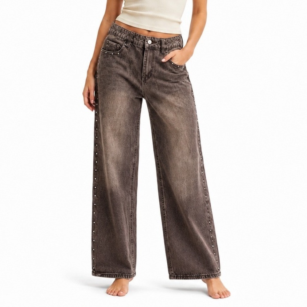 Refuge Wide Leg Jeans Womens 13 Brown Studded Faded Denim Flared Western Edgy